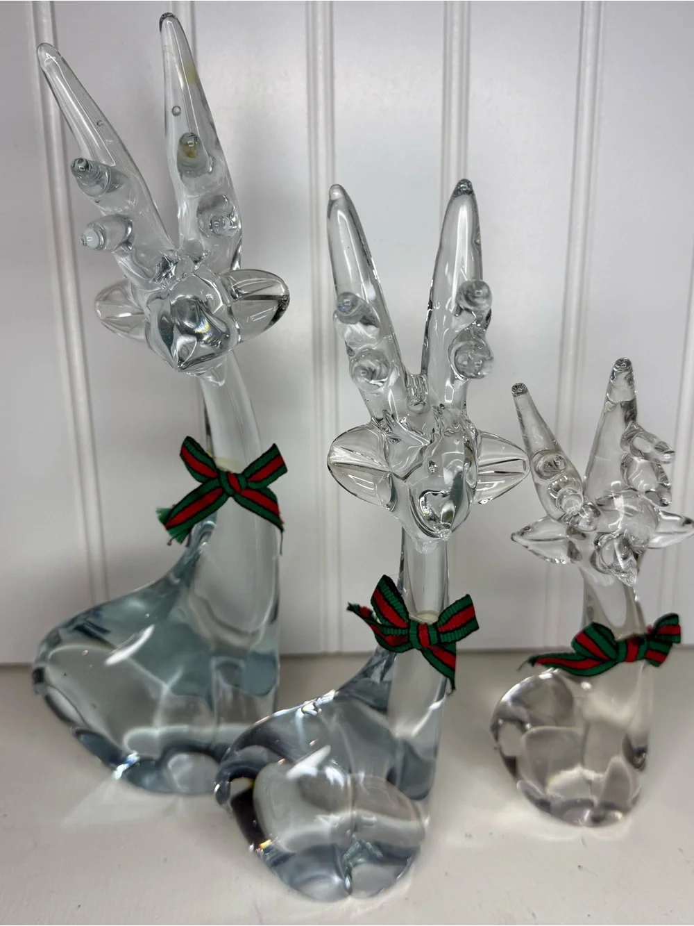 Vintage Lot 3, Enesco Clear Blown Art Glass Reindeer Deer Figurines, Holiday